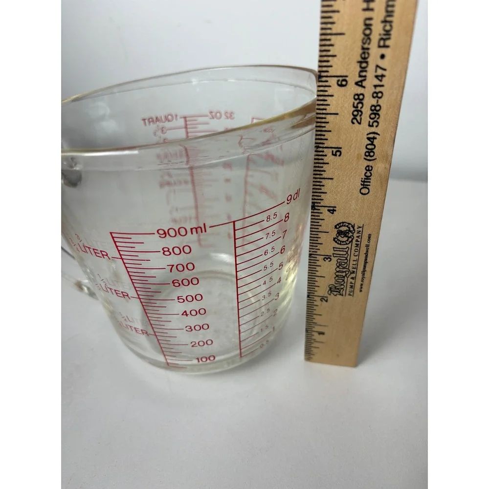 Vtg Fire-King Anchor Hocking 4 Cup Glass Measuring Cup Red Lettering 1 Quart USA